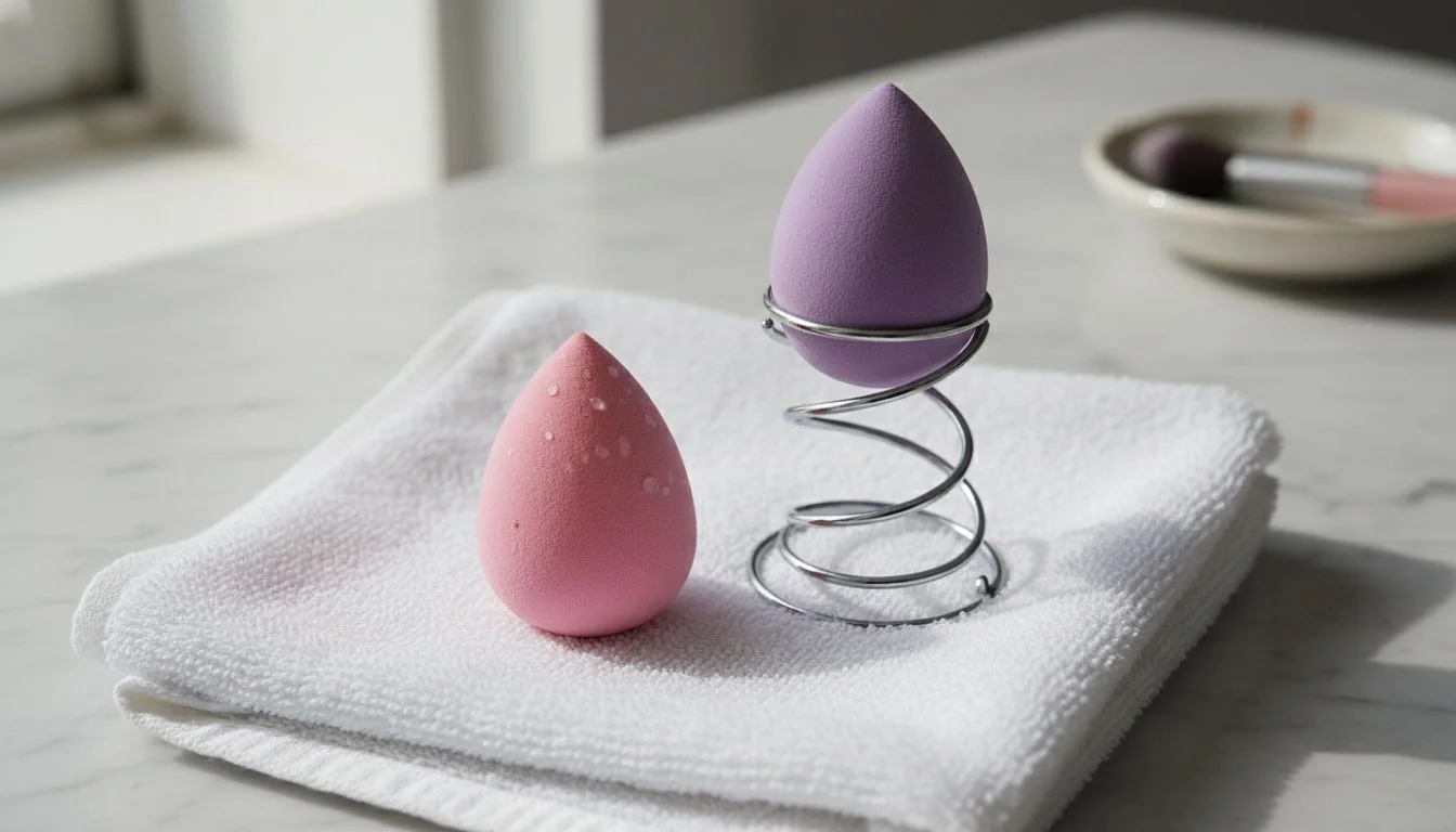 A makeup sponge air-drying on a clean towel next to a ventilated stand.