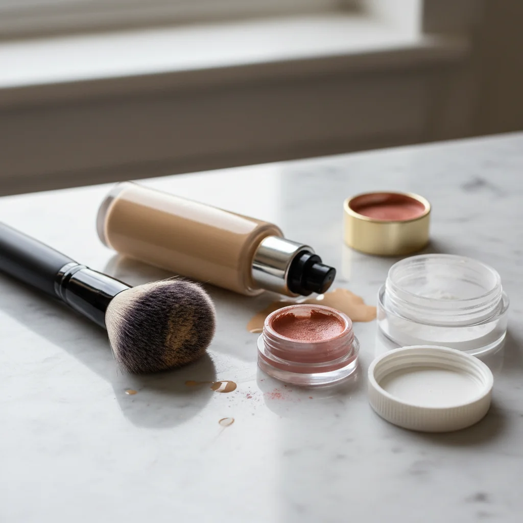 An image showing a duo fiber brush next to liquid foundation, cream blush, and setting powder.