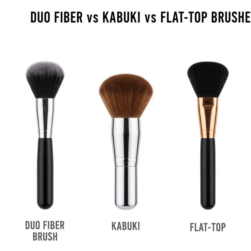 A side-by-side comparison photo of a duo fiber, a kabuki, and a flat-top brush.