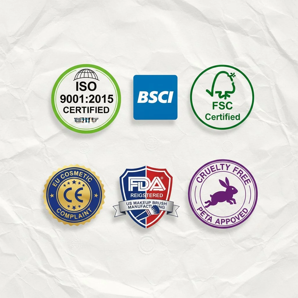 An image showing various certification logos like ISO, BSCI, FSC, and Cruelty-Free.
