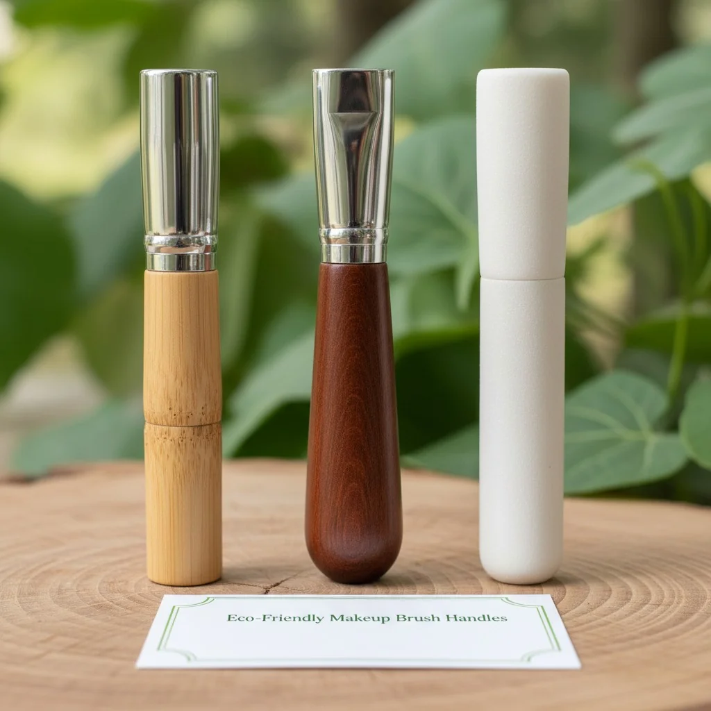 Side-by-side comparison of three makeup brush handles: one made of light bamboo, one of dark FSC-certified wood, and one of a smooth, matte PLA bioplastic.