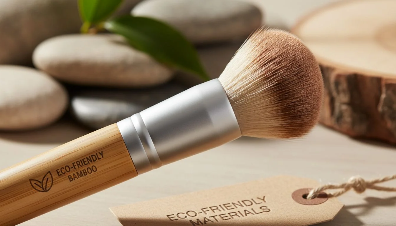 Close-up shot of a makeup brush with a bamboo handle and aluminum ferrule.