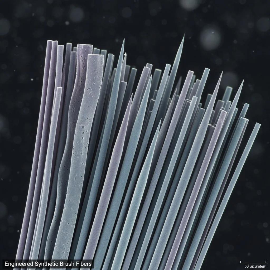 A microscopic, detailed view of different synthetic brush fibers, showing waved, tapered, and straight textures