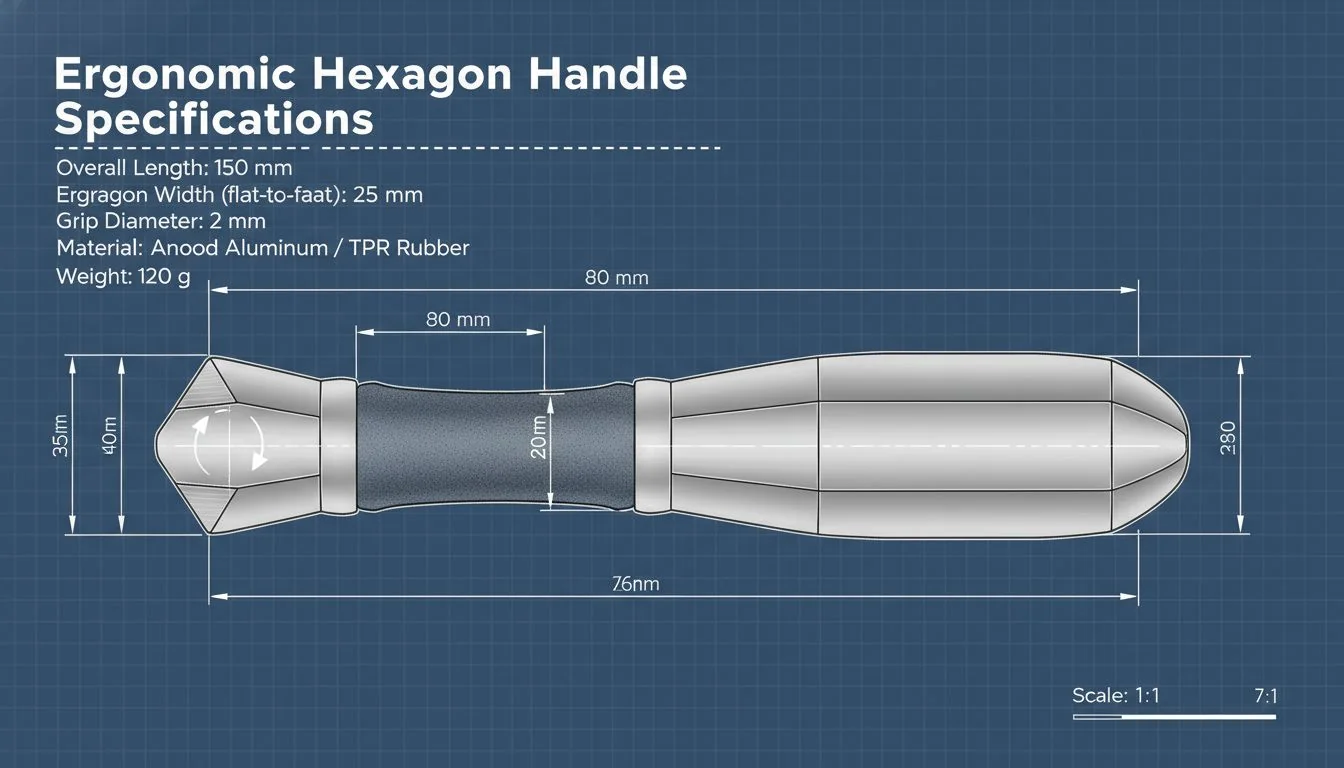 Ergonomic Hexagon Handle Specifications Technical drawing of a hexagon brush handle with dimension callouts