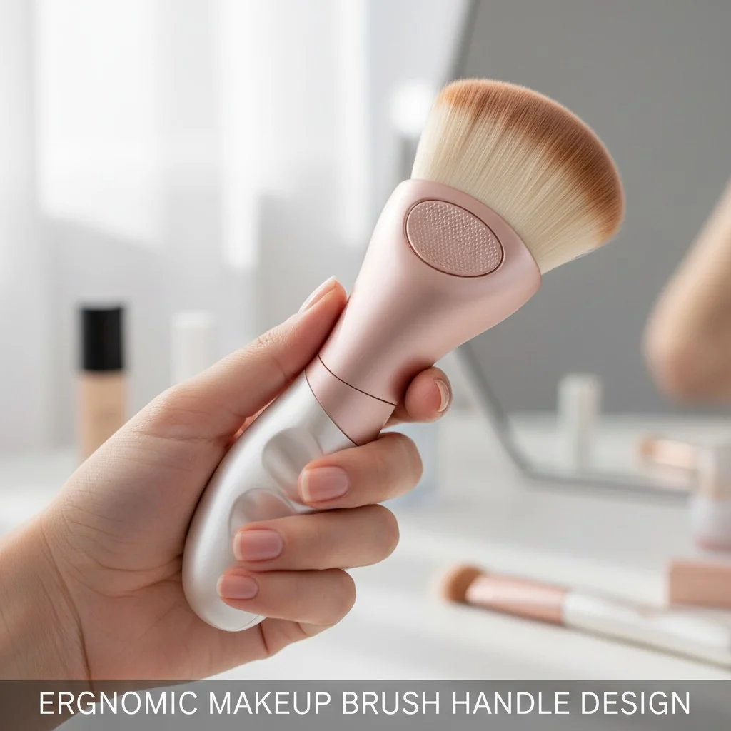 A hand holding an ergonomic makeup brush, demonstrating a comfortable grip