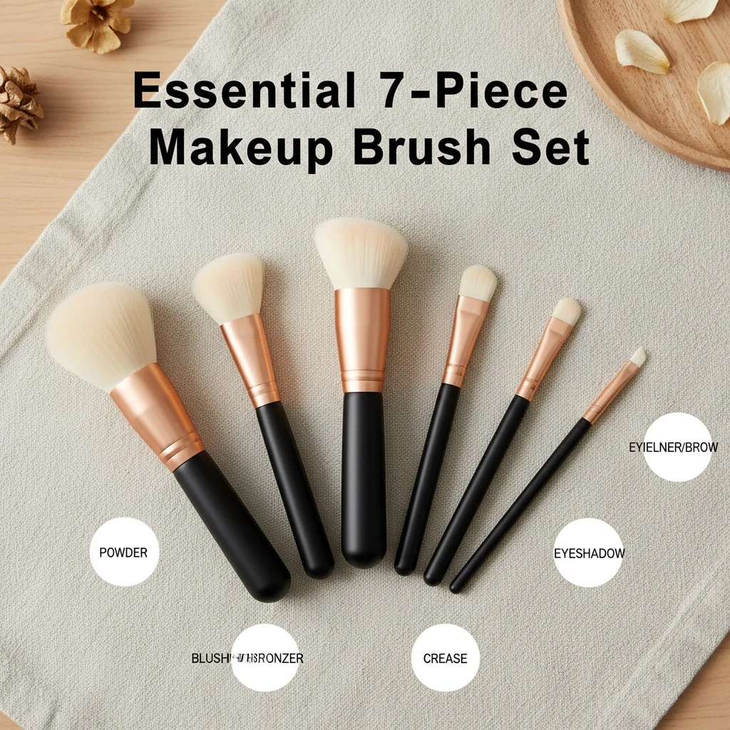 A flat lay of a 7-piece essential makeup brush set with labels for each brush's function.