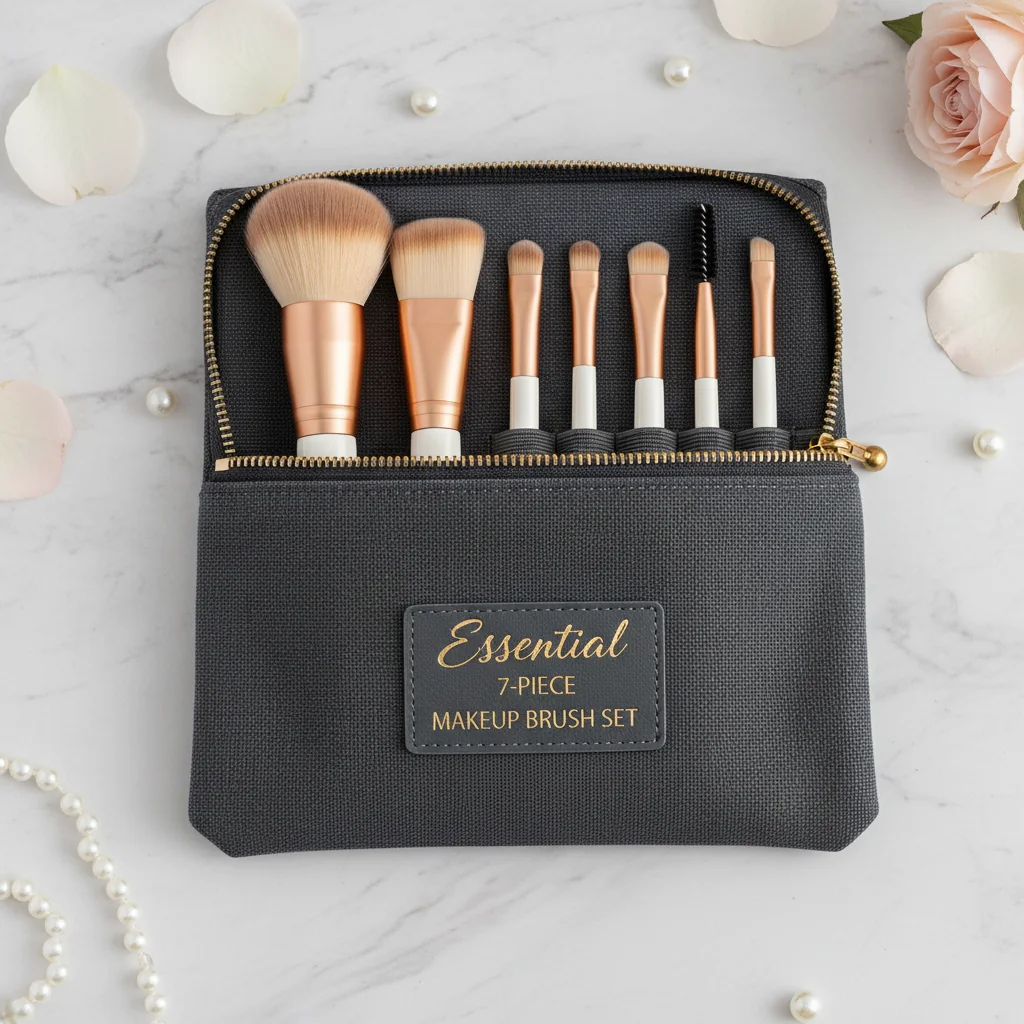 A 7-piece makeup brush set arranged neatly in a travel pouch