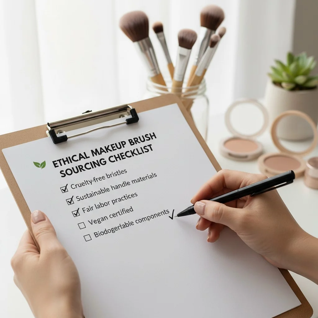 A person's hand holding a clipboard and pen, checking off items on a list, with makeup brushes in the background.