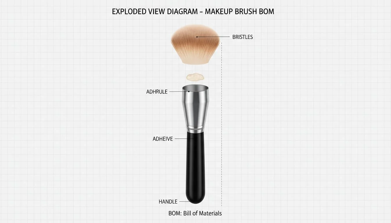 Exploded view of a makeup brush BOM An exploded view diagram of a makeup brush, labeling the four main parts: bristles, ferrule, adhesive, and handle.