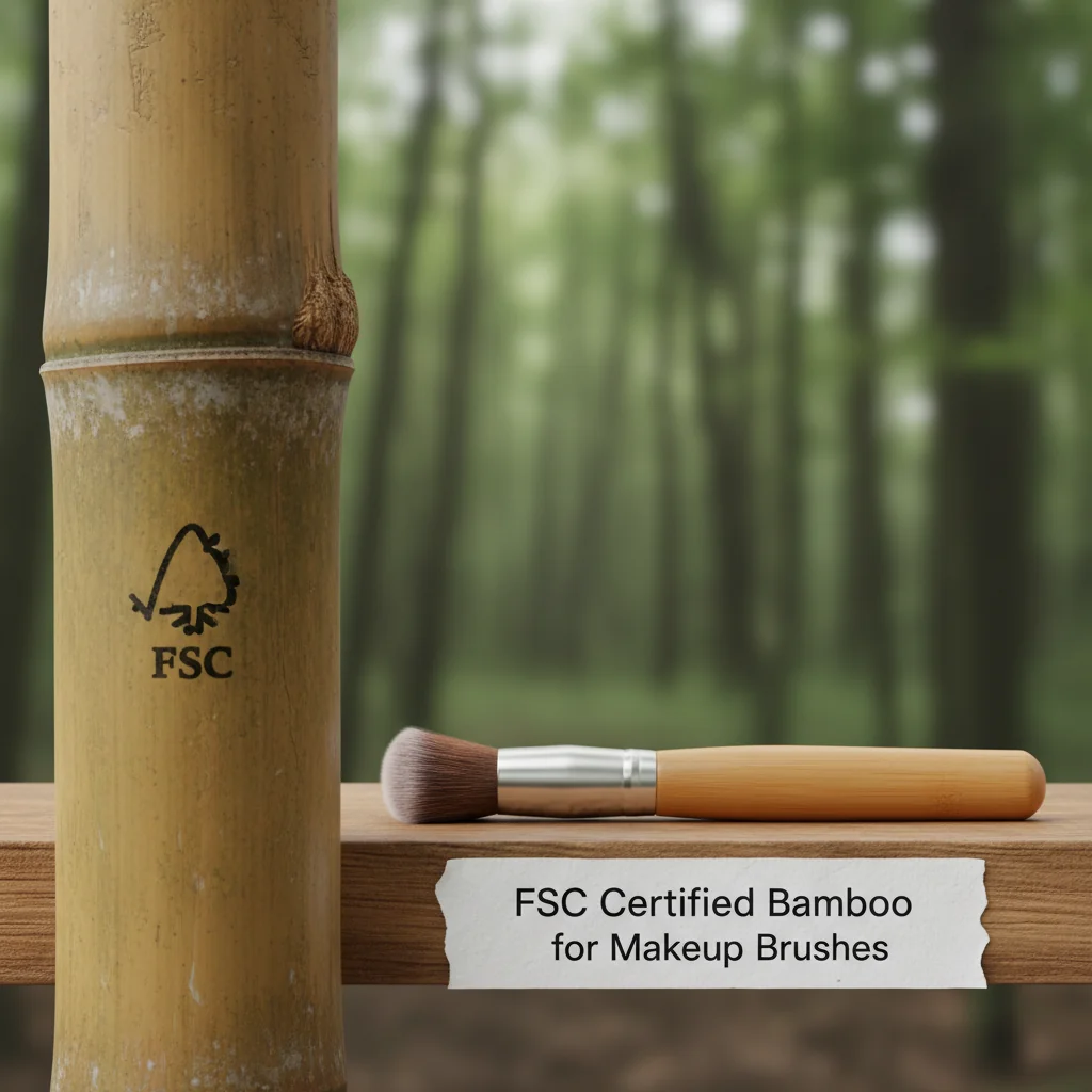 Close-up shot of the FSC logo on a raw bamboo stalk next to a finished makeup brush handle.