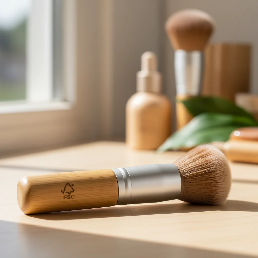 A makeup brush with a bamboo handle that has a small, visible FSC logo etched into it.