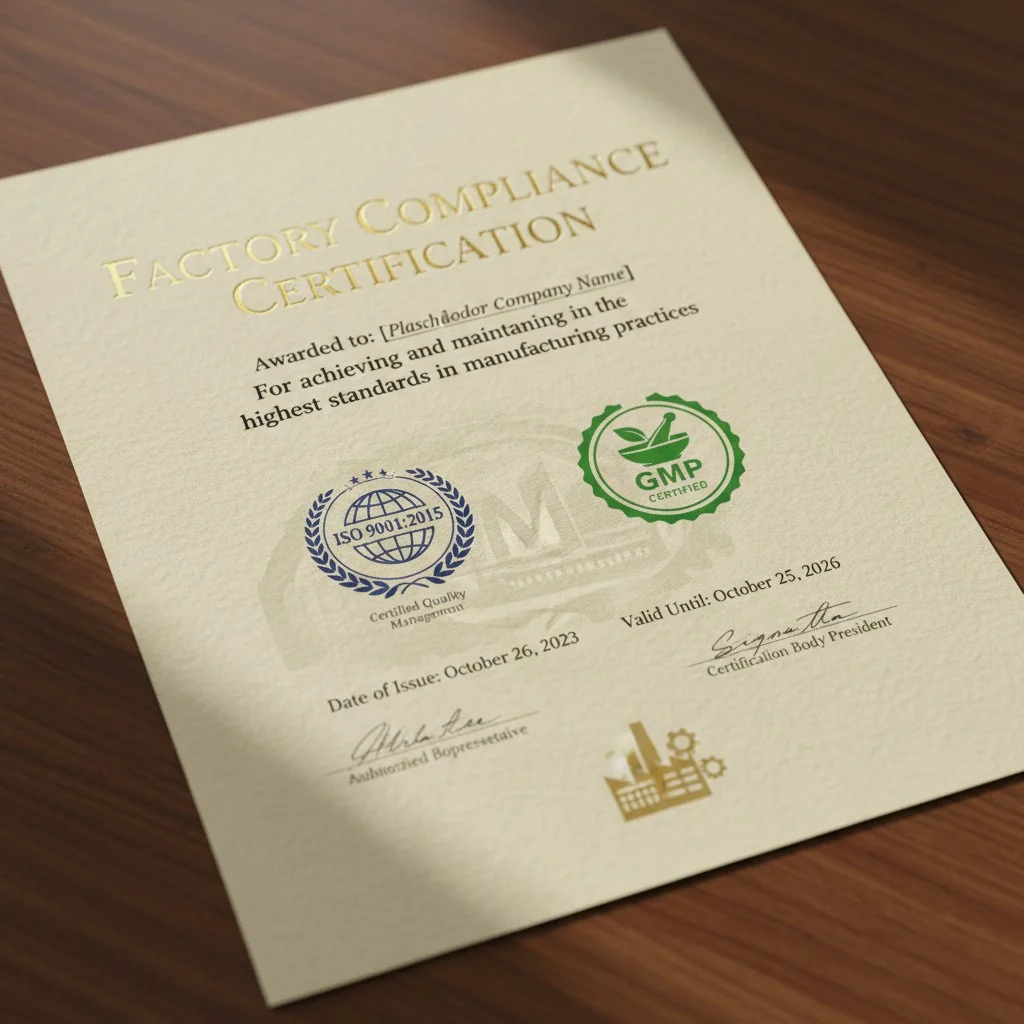 A certificate document with an official seal, such as an ISO or GMP certification.