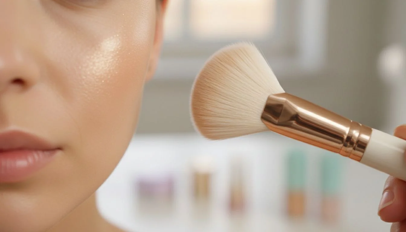 Close-up shot of a fan brush applying highlighter to a cheekbone.