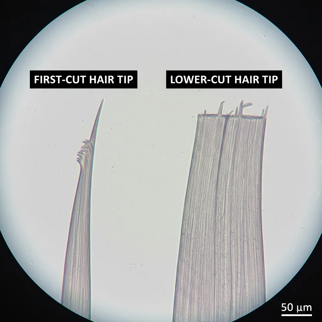 A microscopic view of a first-cut hair tip versus a lower-cut, blunt hair tip.