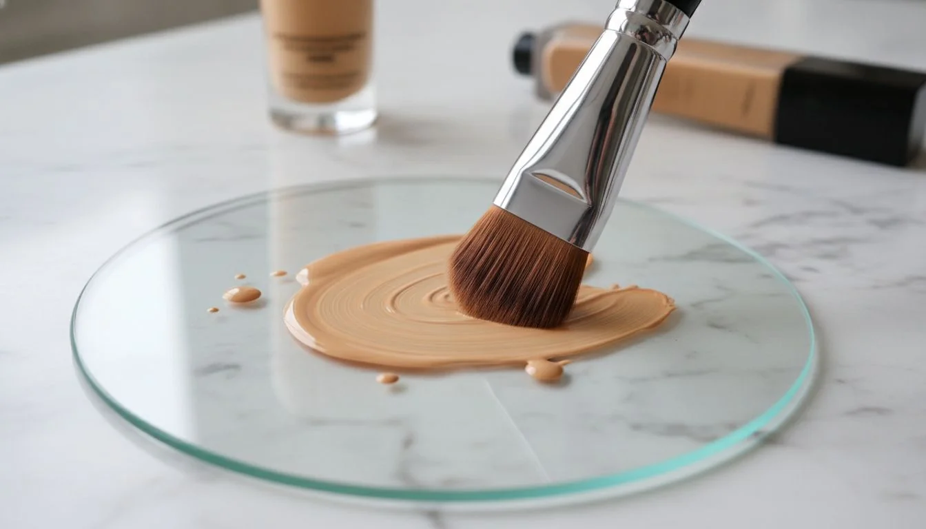 Flat Foundation Brush for Liquid Formula A flat foundation brush applying liquid foundation to a palette