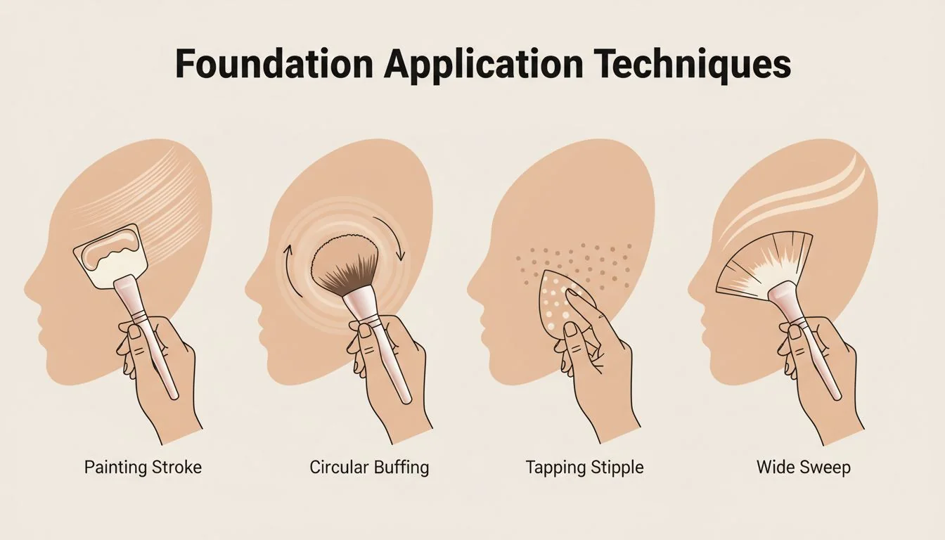 Foundation Application Techniques A graphic illustrating four application motions: painting stroke, circular buffing, tapping stipple, and wide sweep