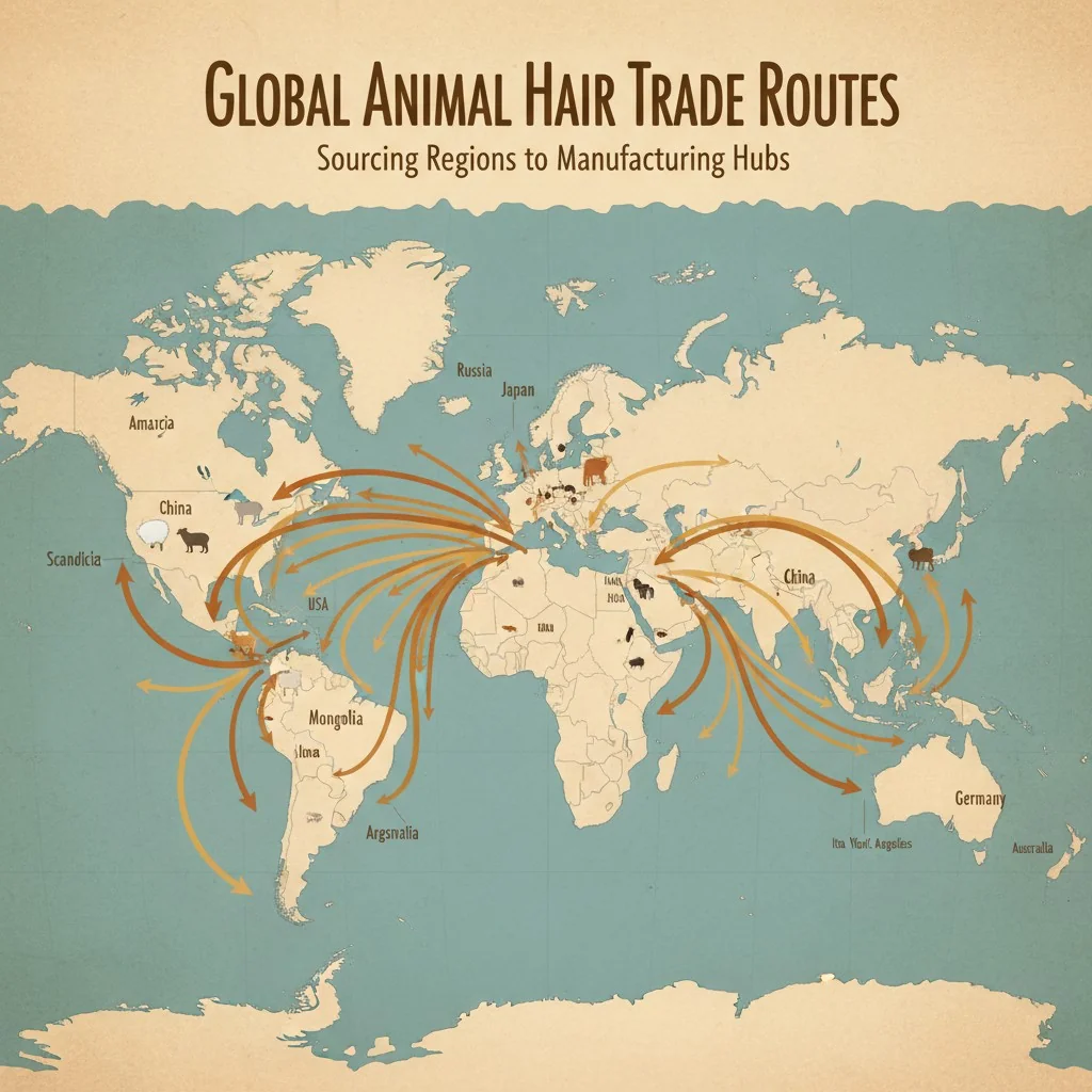 A world map with arrows indicating the flow of animal fur and hair from sourcing regions to manufacturing hubs.