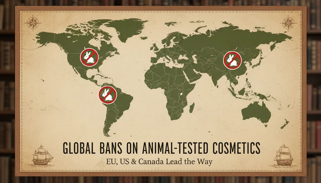 A map of the world highlighting the EU, US, and Canada with icons indicating bans on animal-tested cosmetics.