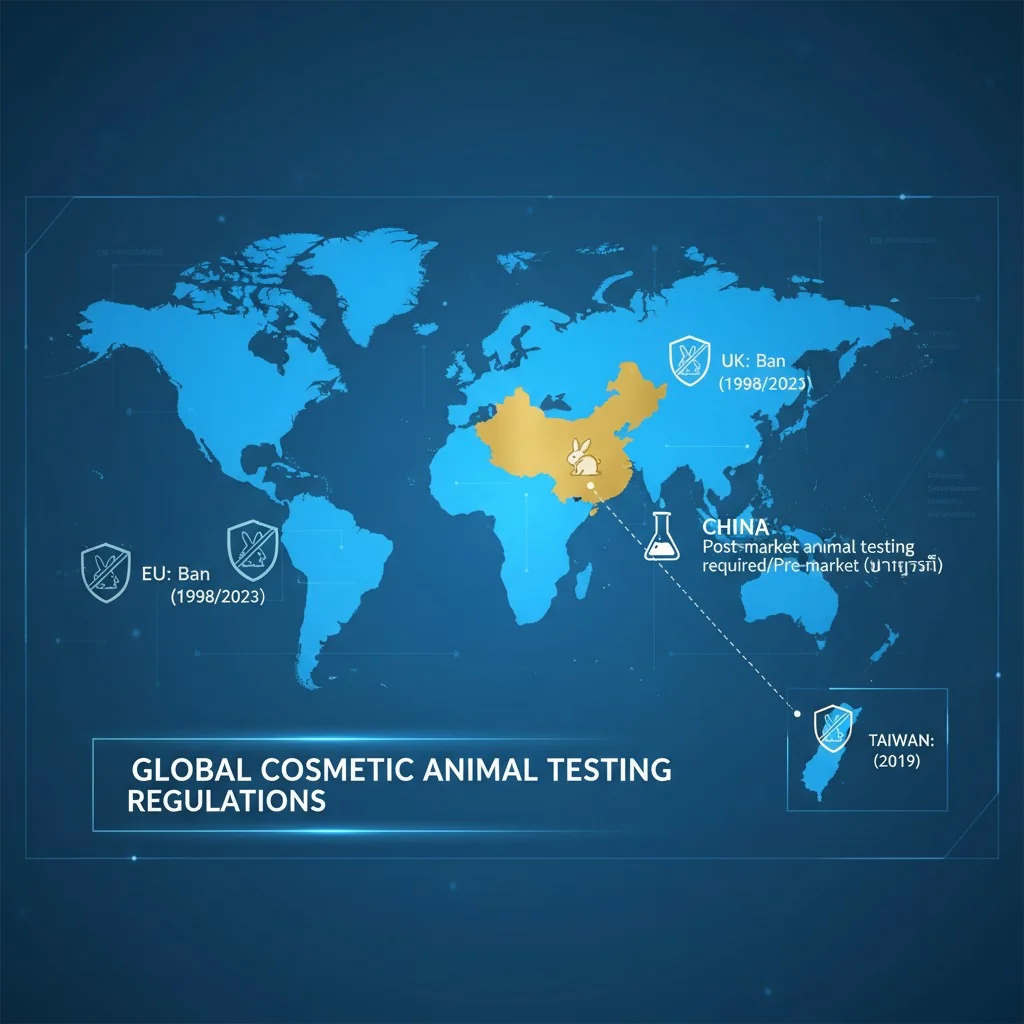 A world map highlighting the EU, UK, and China with icons representing their specific cosmetic testing regulations.