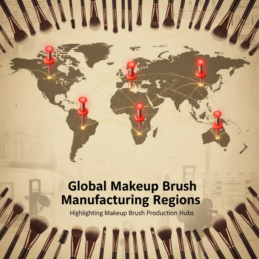 A world map with pins in Japan, Italy, China, and the USA, highlighting makeup brush manufacturing hubs.