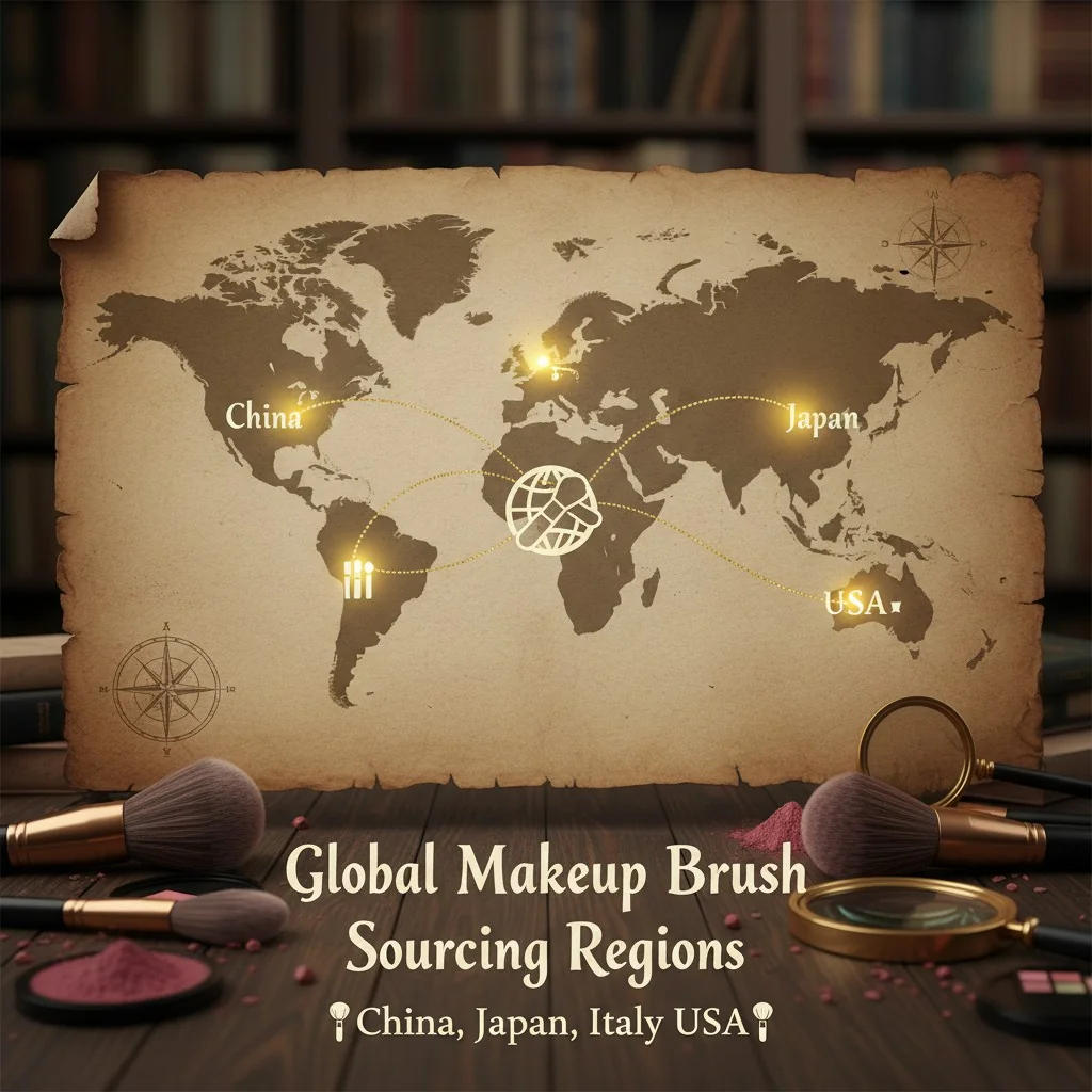 A world map highlighting China, Japan, Italy, and the USA for makeup brush sourcing