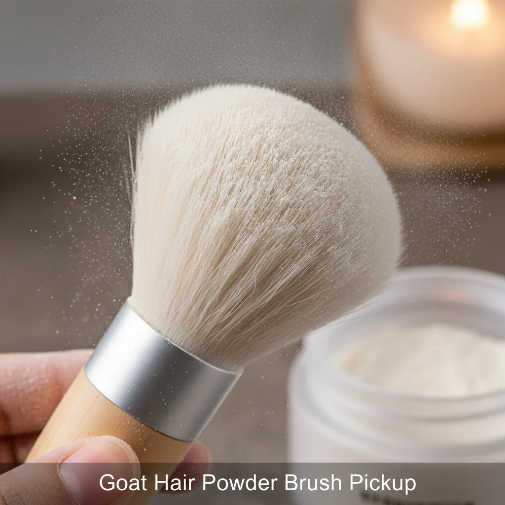 A fluffy goat hair powder brush loaded with loose setting powder, showing its pickup ability.