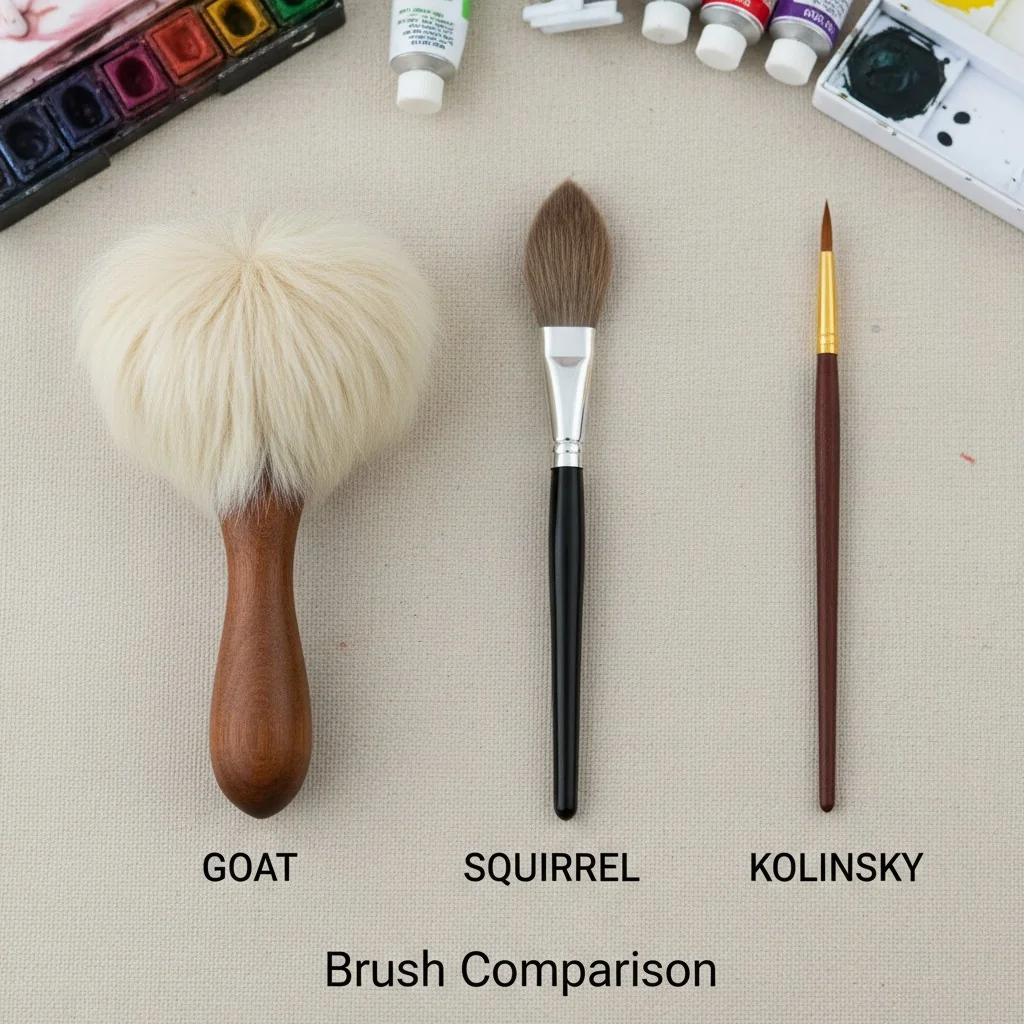 Side-by-side comparison of a fluffy goat hair brush, a tapered squirrel hair brush, and a fine-tipped kolinsky brush.