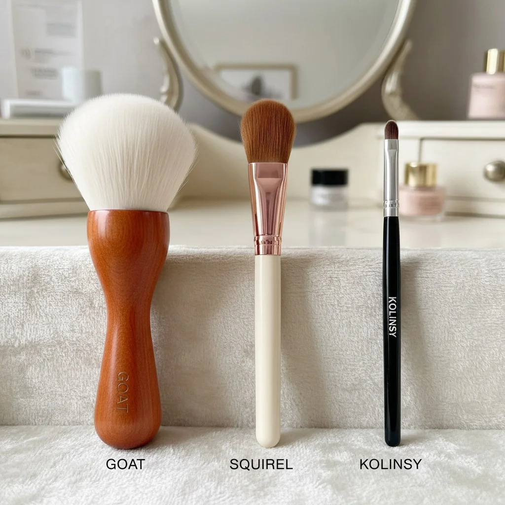 Three distinct makeup brushes laid side-by-side: a fluffy goat powder brush, a tapered squirrel highlighting brush, and a fine-tipped kolinsky liner brush.