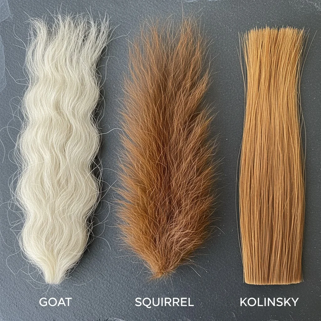 A close-up shot showing the distinct textures of goat, squirrel, and kolinsky brush hairs