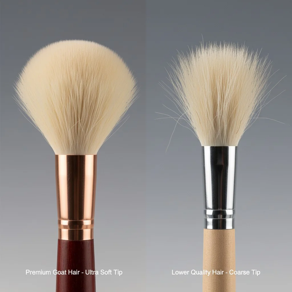 An image showing a side-by-side comparison of a premium goat hair brush and a lower quality one, highlighting the tip softness.