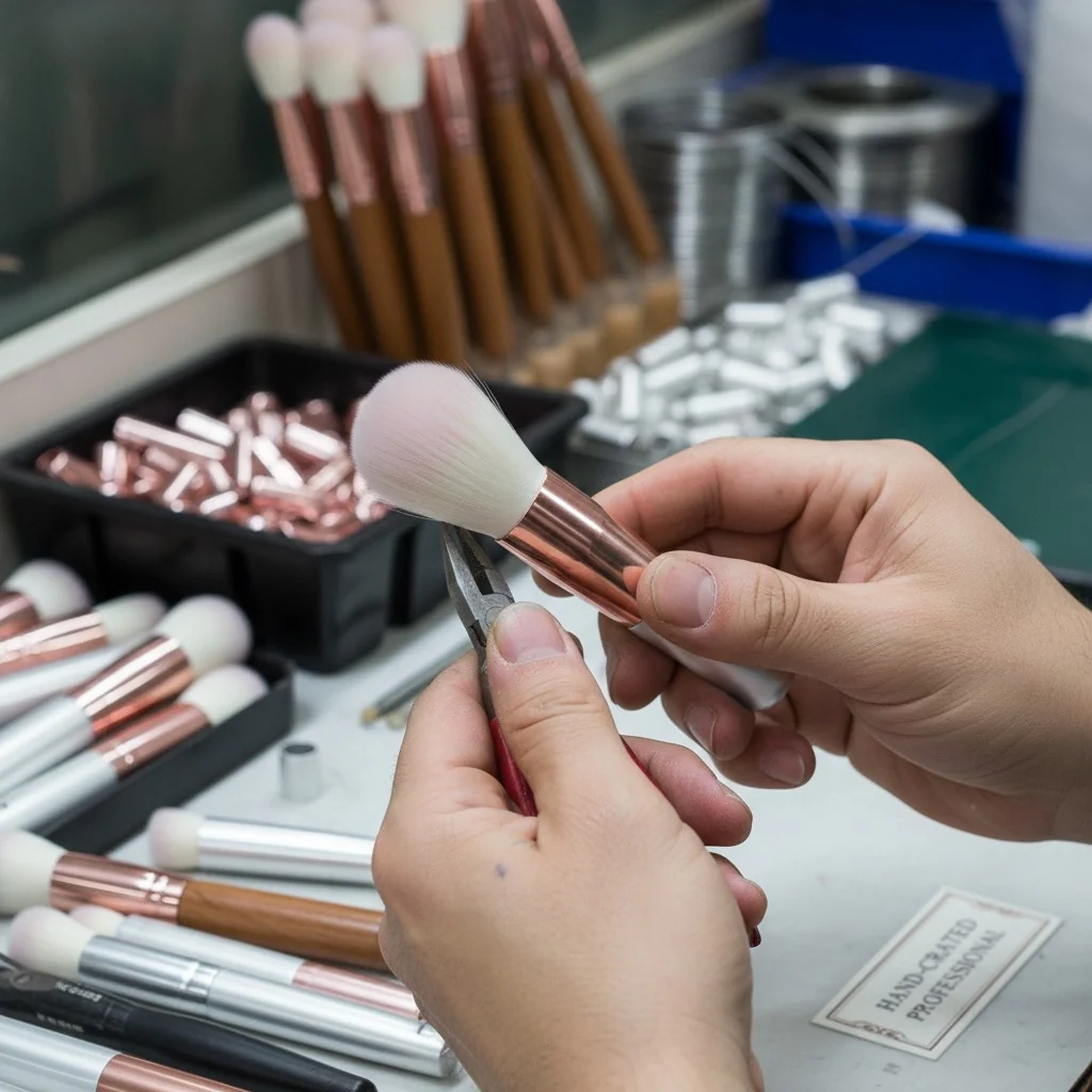 Close-up shot of a worker's hands carefully assembling a makeup brush in a factory setting