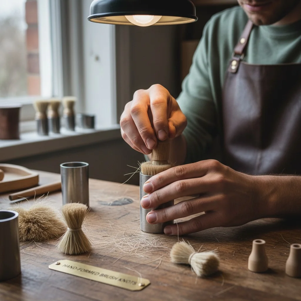 An artisan using a small mold to form a makeup brush knot by hand.