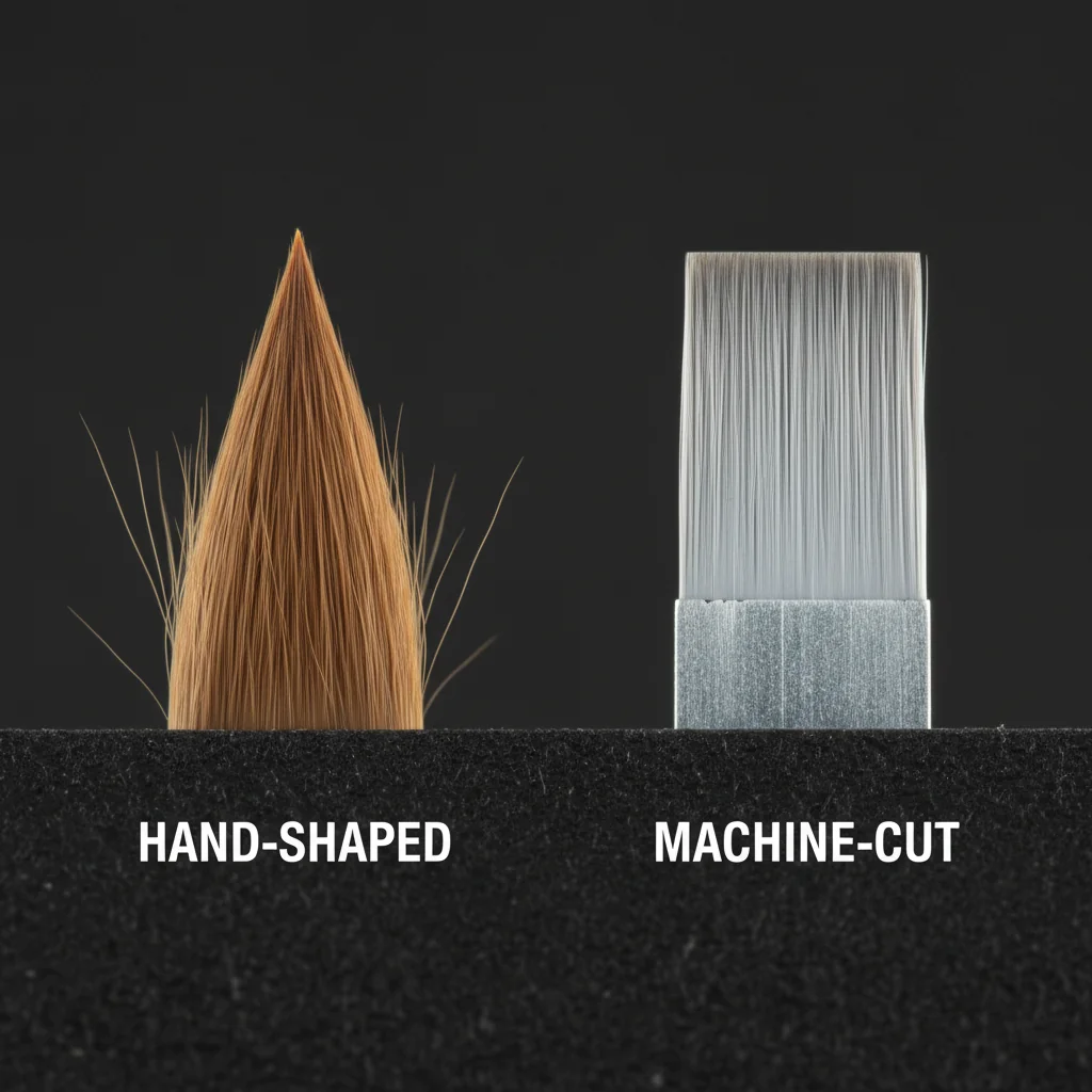 A macro shot showing the difference between a fuzzy, perfectly tapered hand-shaped brush tip and a blunt, flat machine-cut brush tip.