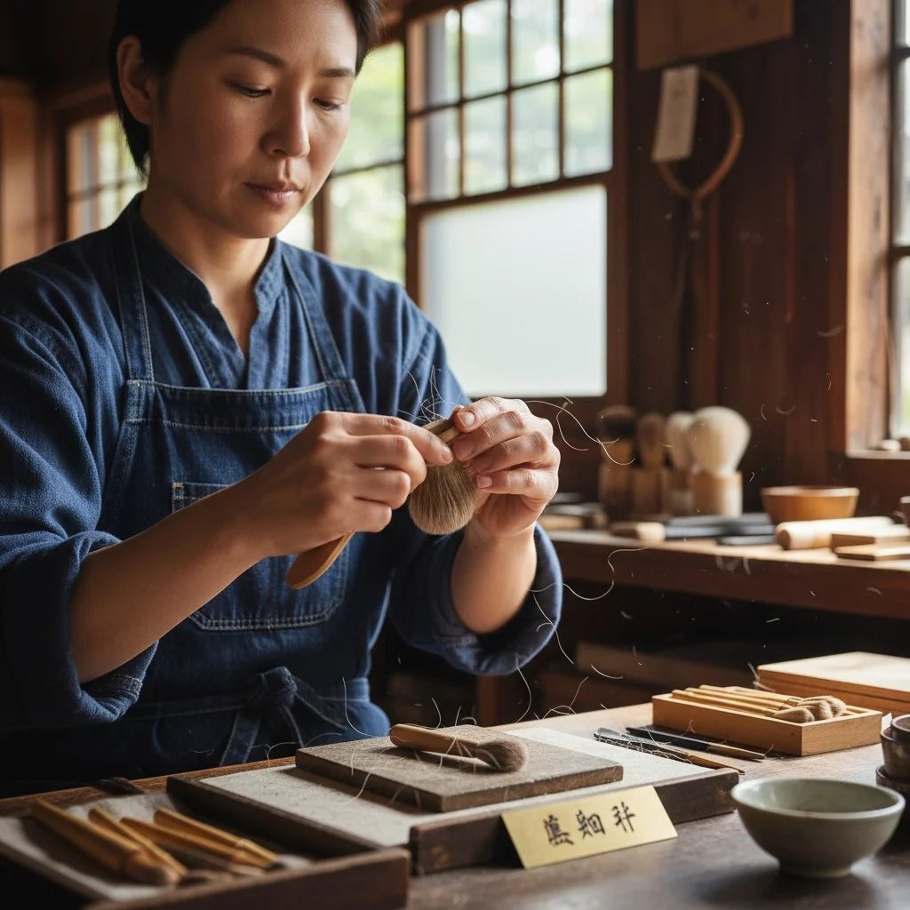 An artisan hand-shaping a makeup brush head in a traditional Kumano-style workshop.