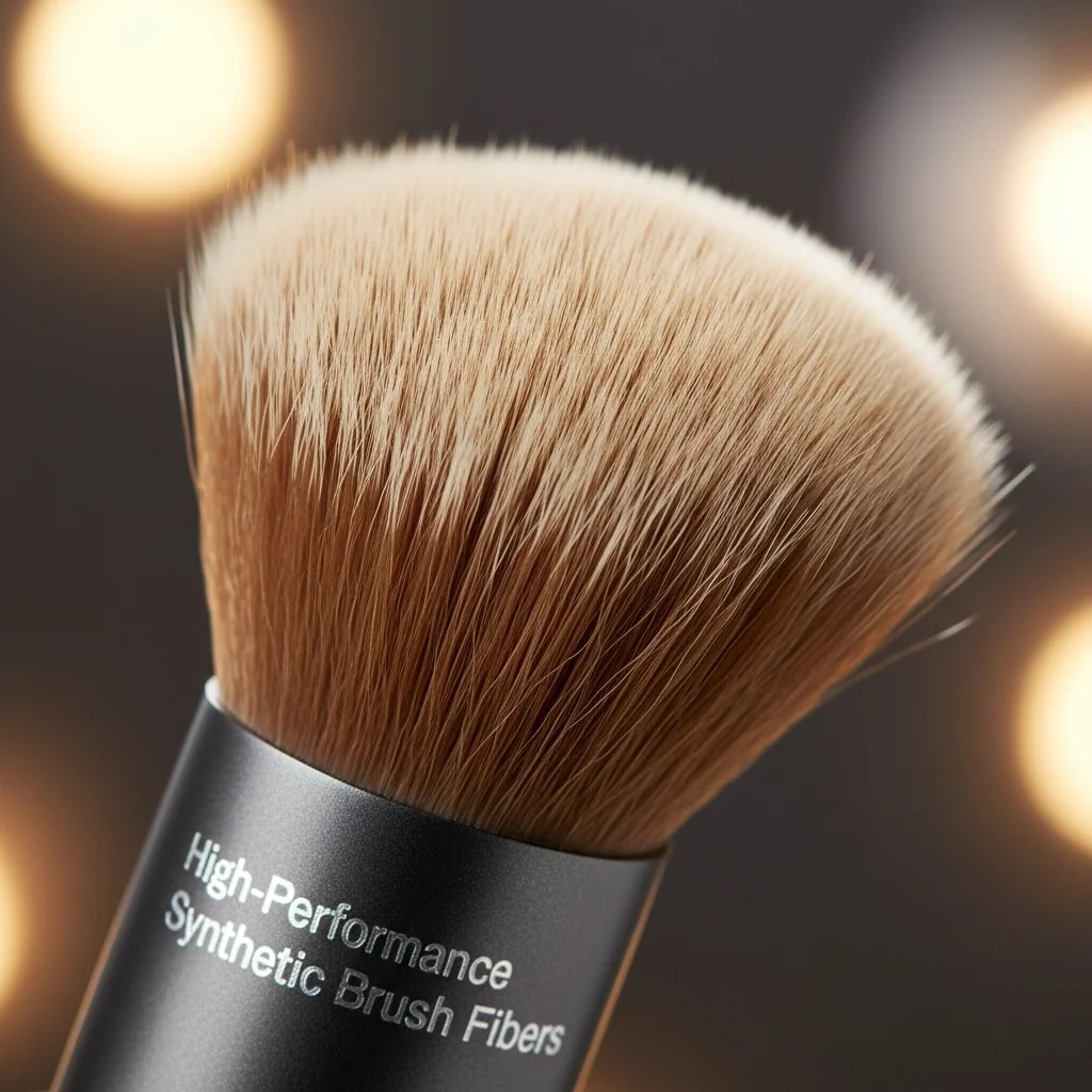 Close-up shot of a makeup brush's synthetic fibers showing their softness and density.