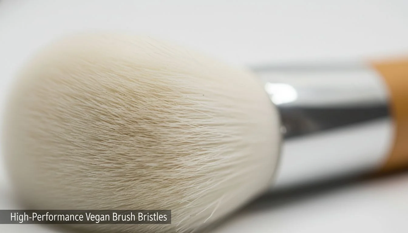Close-up shot of the vegan bristles of a makeup brush, showing their fine, tapered tips.