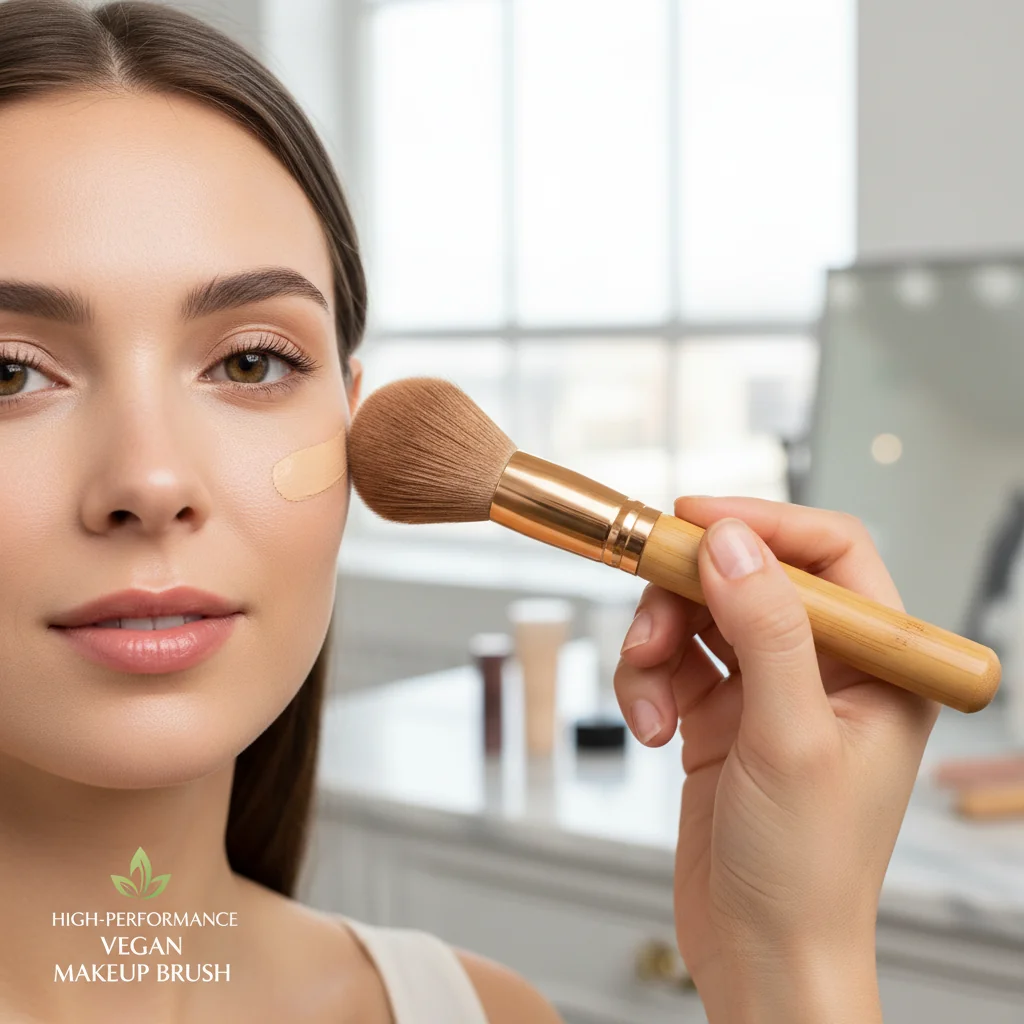 A makeup artist applying foundation smoothly with a vegan bamboo brush, showing the flawless finish.