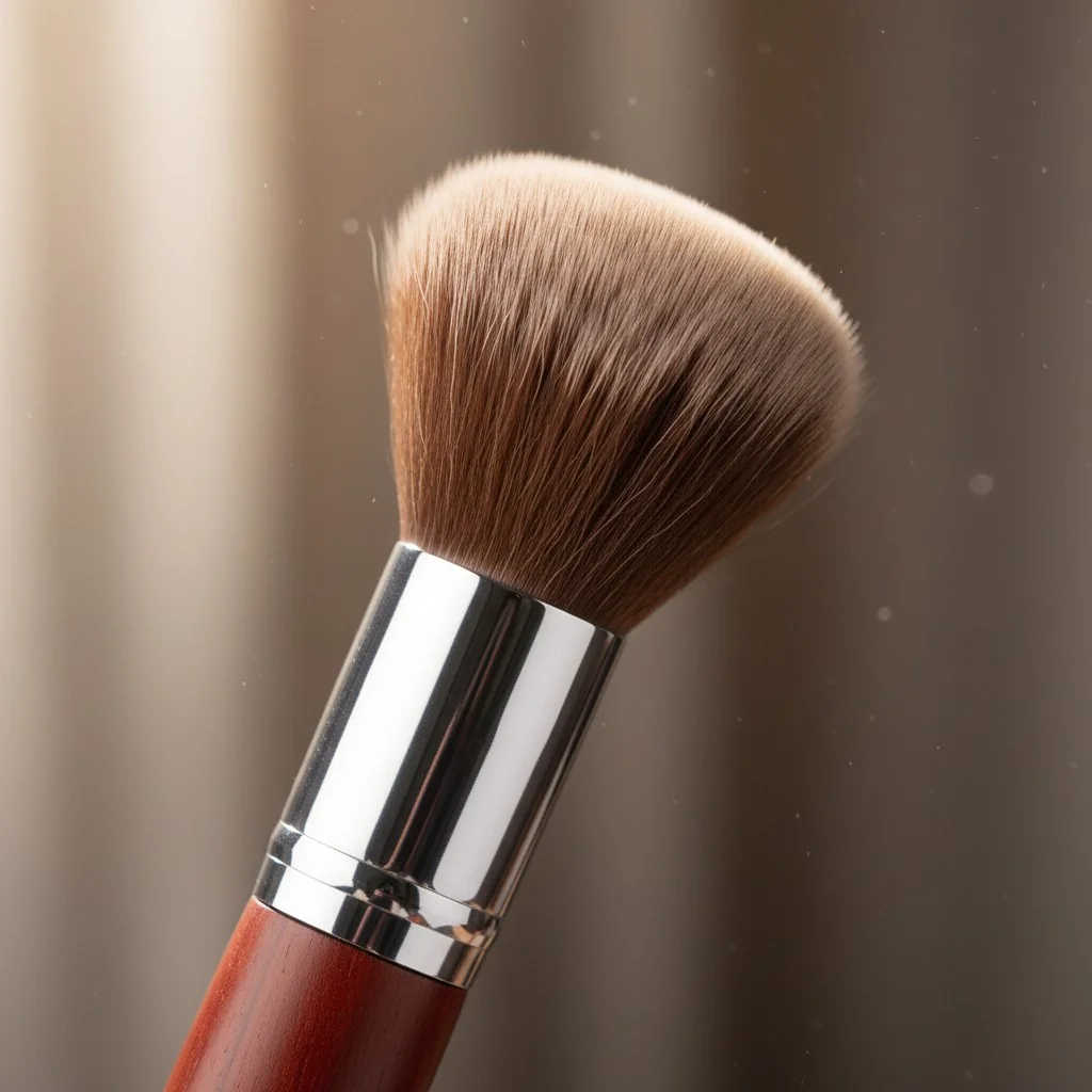 Close-up shot of a finished, high-quality makeup brush highlighting the dense bristles and seamless ferrule.