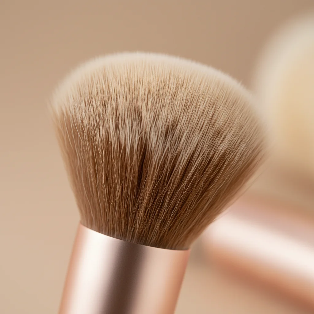 Close-up shot of a vegan taklon makeup brush head showing its soft, dense fibers.