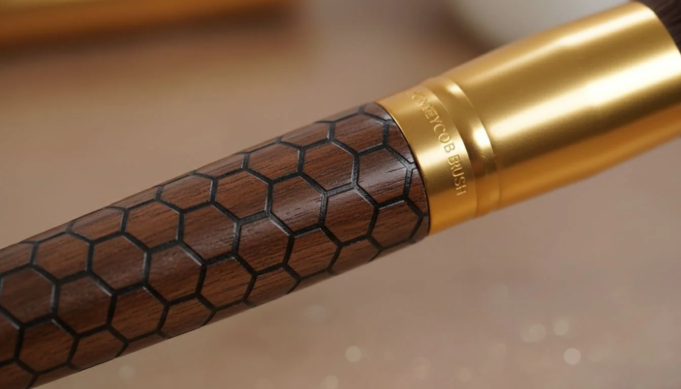 Honeycomb Brush Handle Detail A close-up shot of a makeup brush handle showing detailed honeycomb engraving and a golden ferrule.