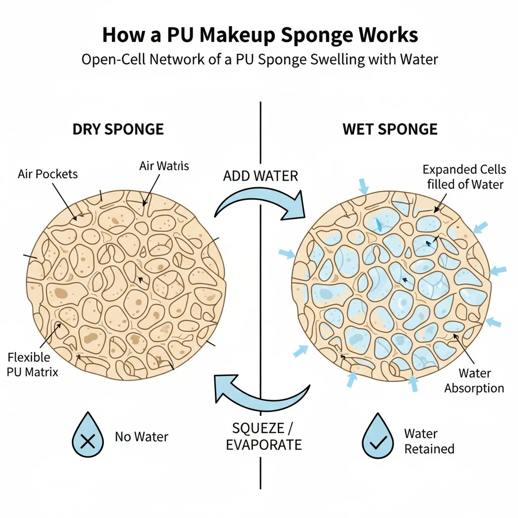 A diagram showing the open-cell network of a PU sponge swelling with water