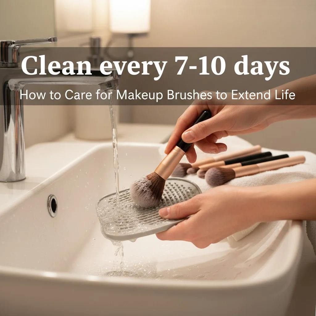 A person properly cleaning makeup brushes, with text overlay showing 'Clean every 7-10 days'.