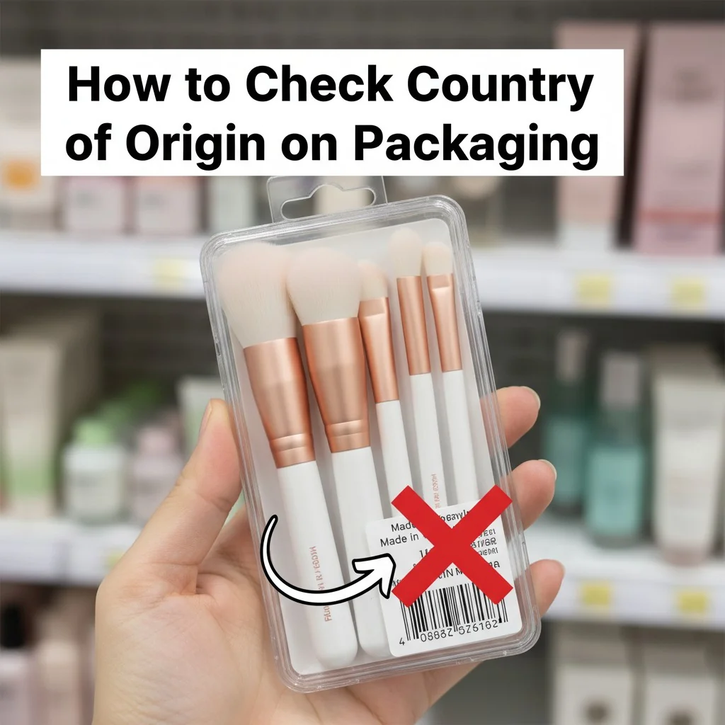 A person's hand holding a makeup brush package and pointing to the barcode, with a red 'X' over it, and an arrow pointing to the 'Made in...' text.