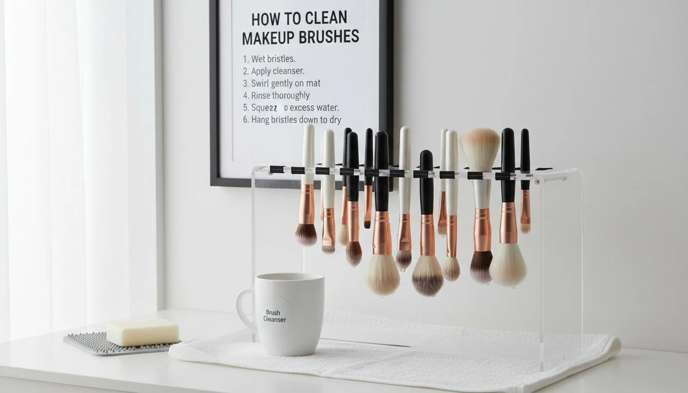 Makeup brushes drying in a brush holder with bristles facing down