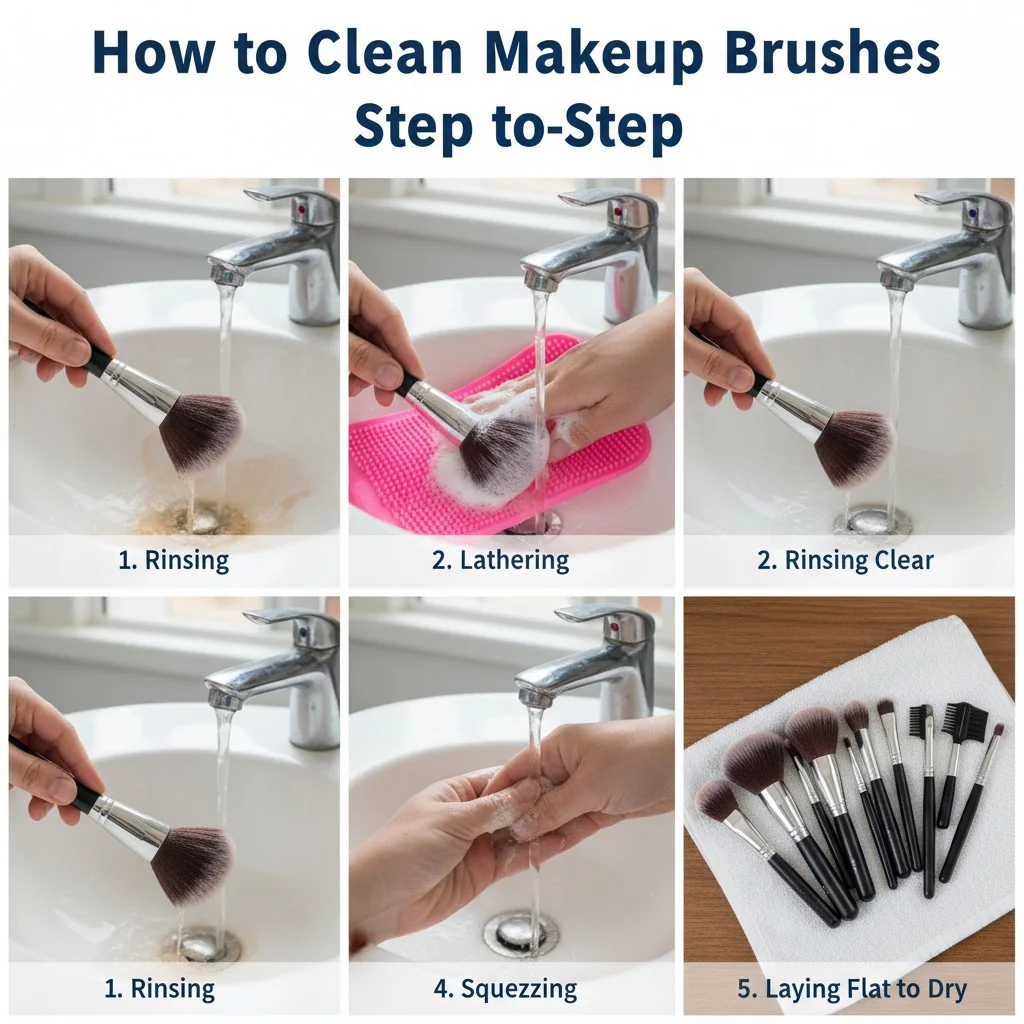 A step-by-step photo collage showing the brush cleaning process: rinsing, lathering, rinsing clear, squeezing, and laying flat to dry.