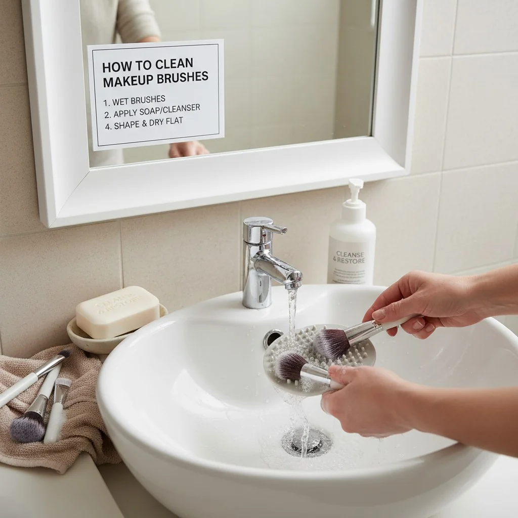A person washing makeup brushes with soap and water in a sink