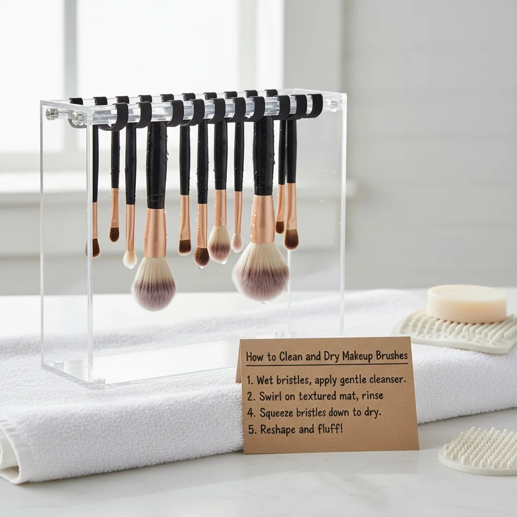 Makeup brushes drying correctly with bristles pointing down.