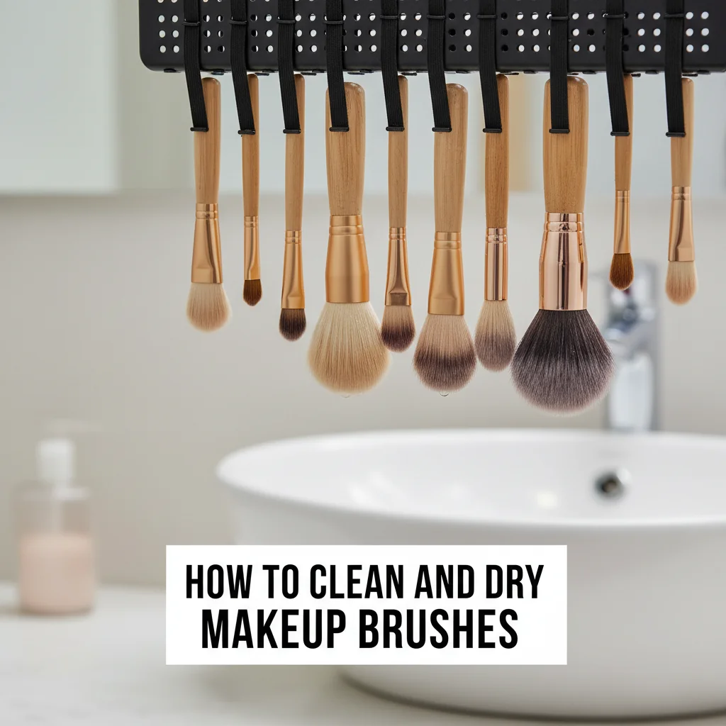 A collection of clean makeup brushes drying with the bristles pointing down.