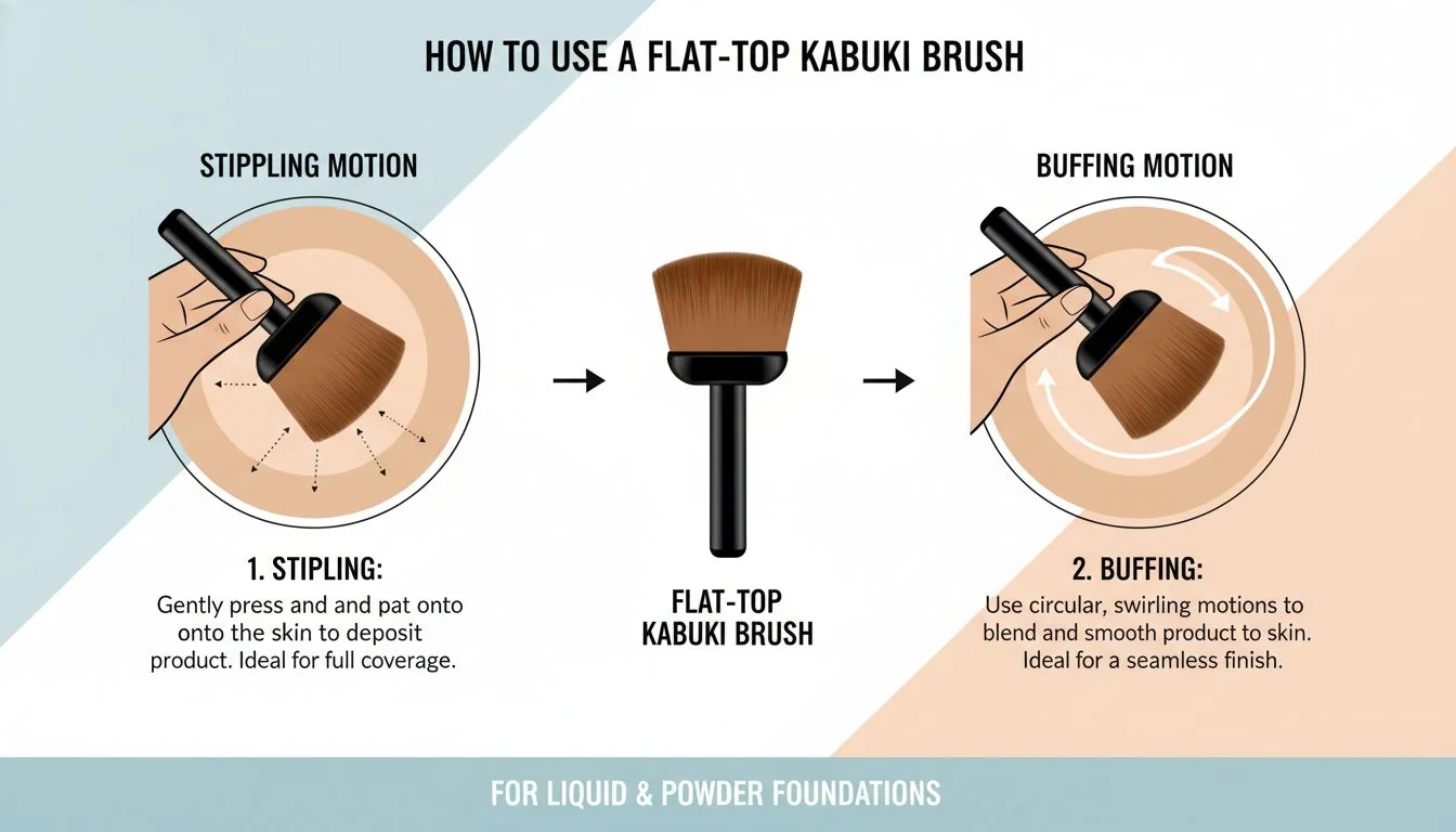 An infographic showing the stippling and buffing motion with a flat-top kabuki brush