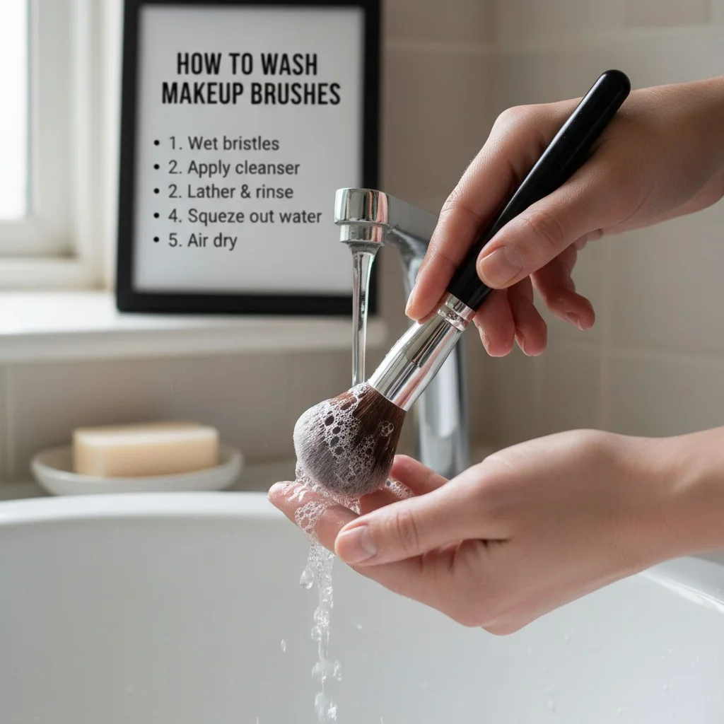 A person gently washing a makeup brush in their hand with soap and water.